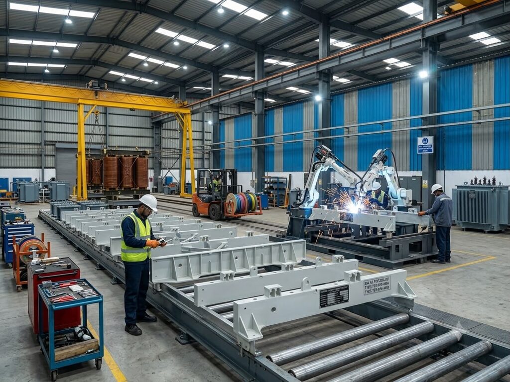 Rows of fabricated transformer end frames on the production line, with welding in progress behind